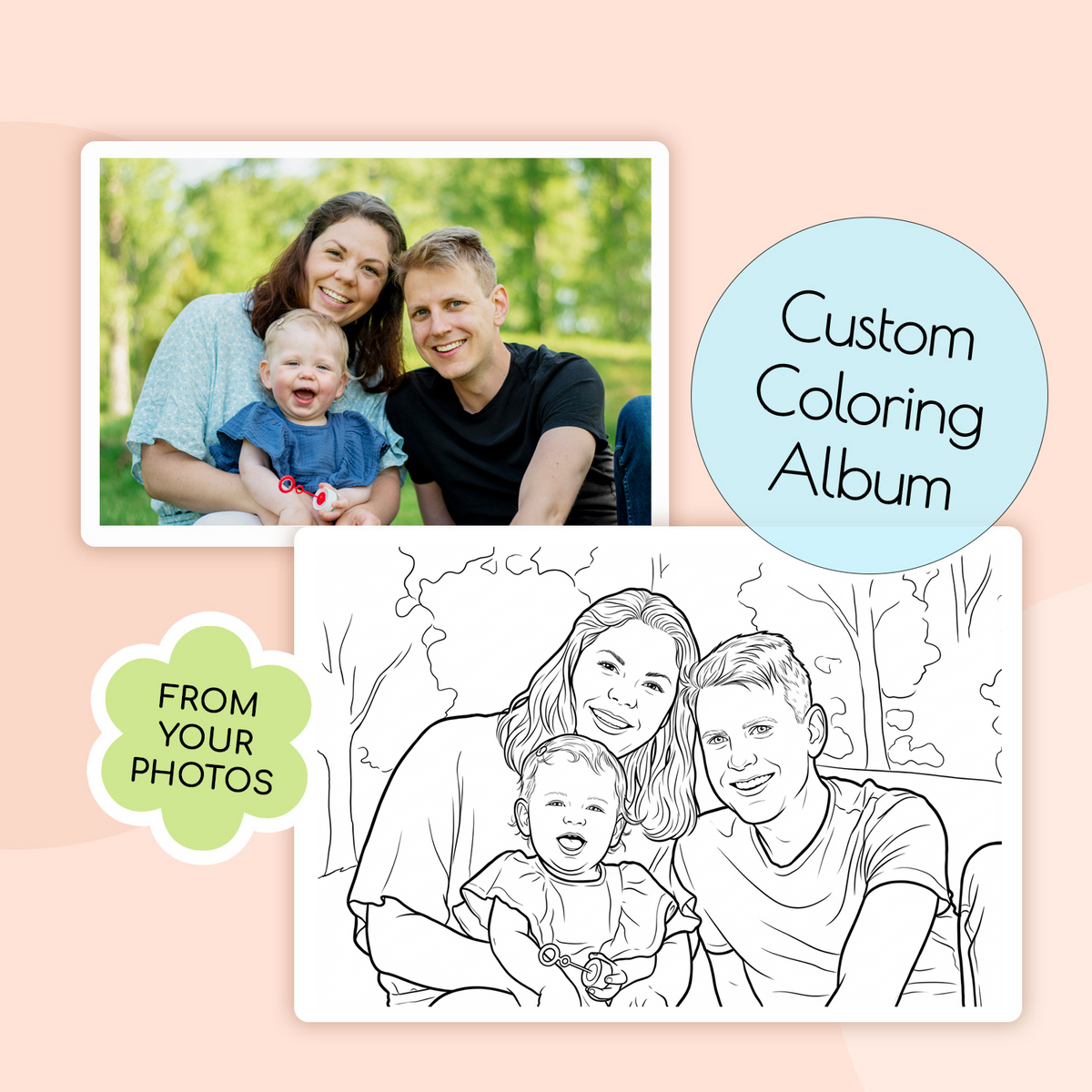 Custom coloring album with family photo and line art on a peach background