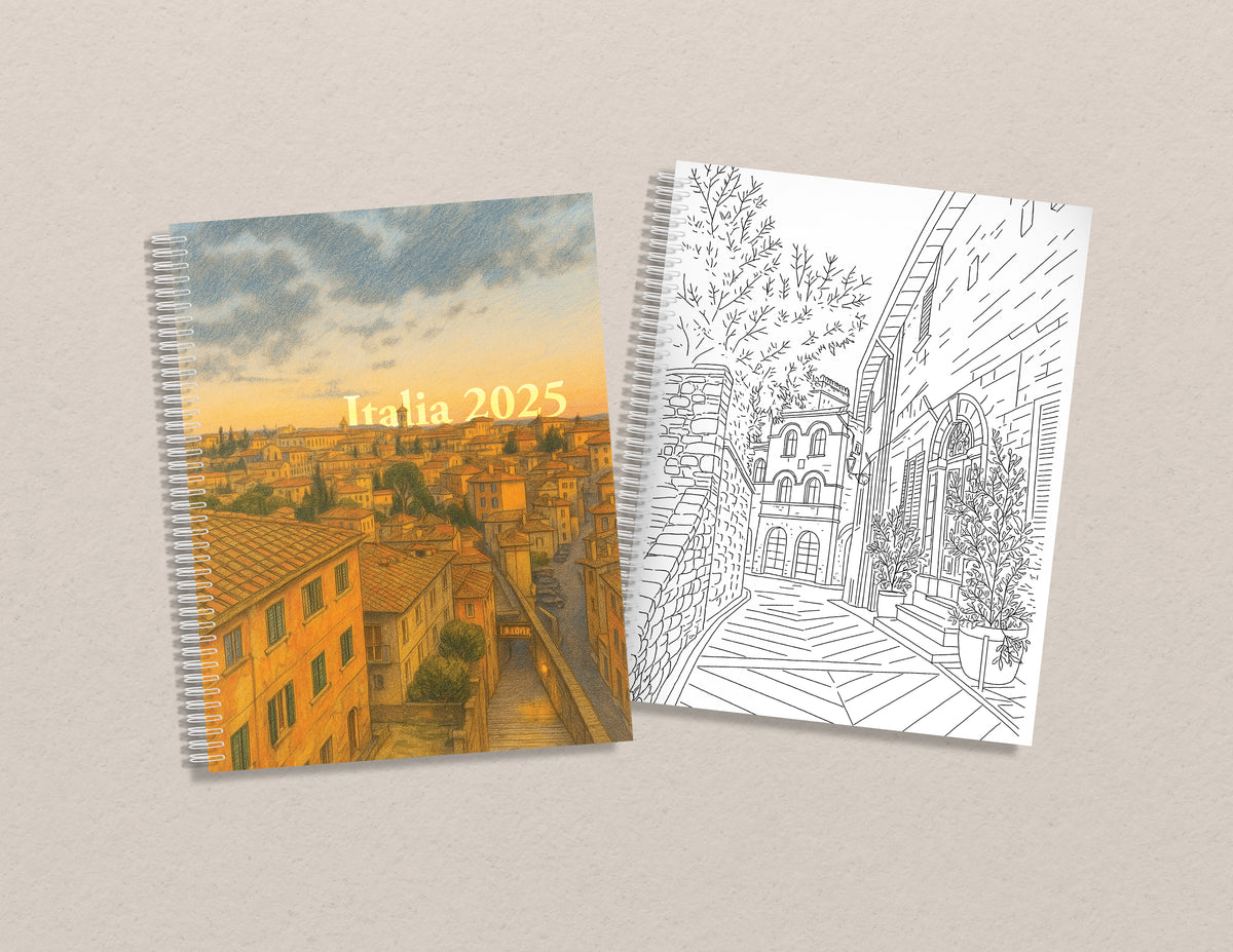Two spiral-bound books on a beige background, one with a colored illustration of a cityscape and the other with a black and white line drawing.