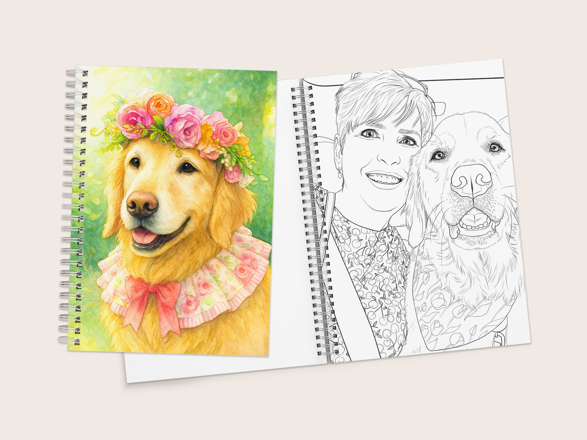 Coloring book with a dog wearing a flower crown and a black and white line drawing of a dog and person.