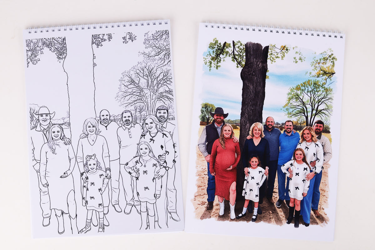 Two family photos side by side, one black and white and one color, with a tree in the background.