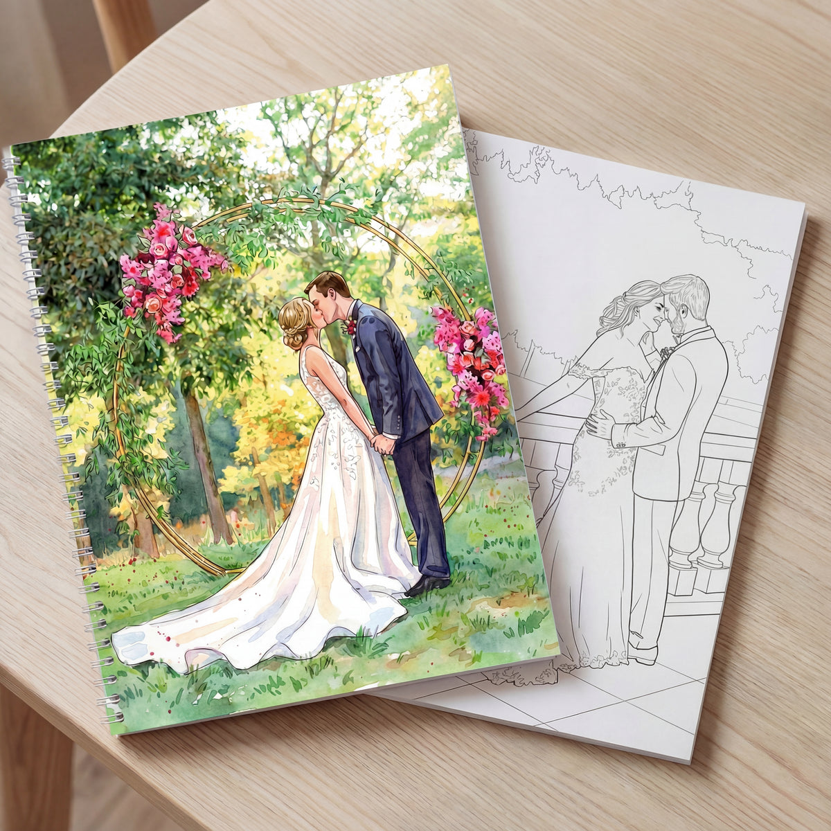 Coloring book with a wedding scene on a wooden surface