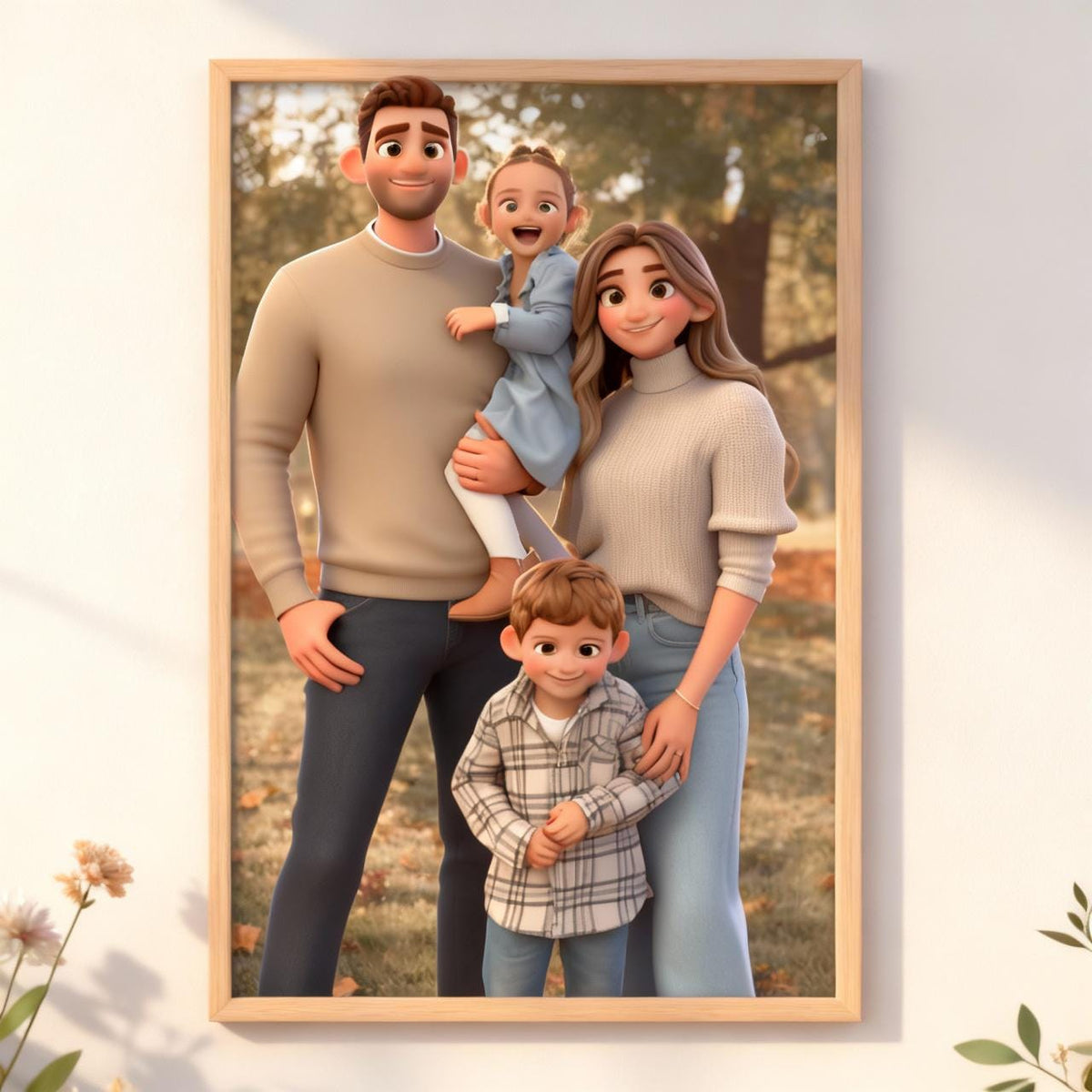 Framed cartoon-style family portrait on a wall