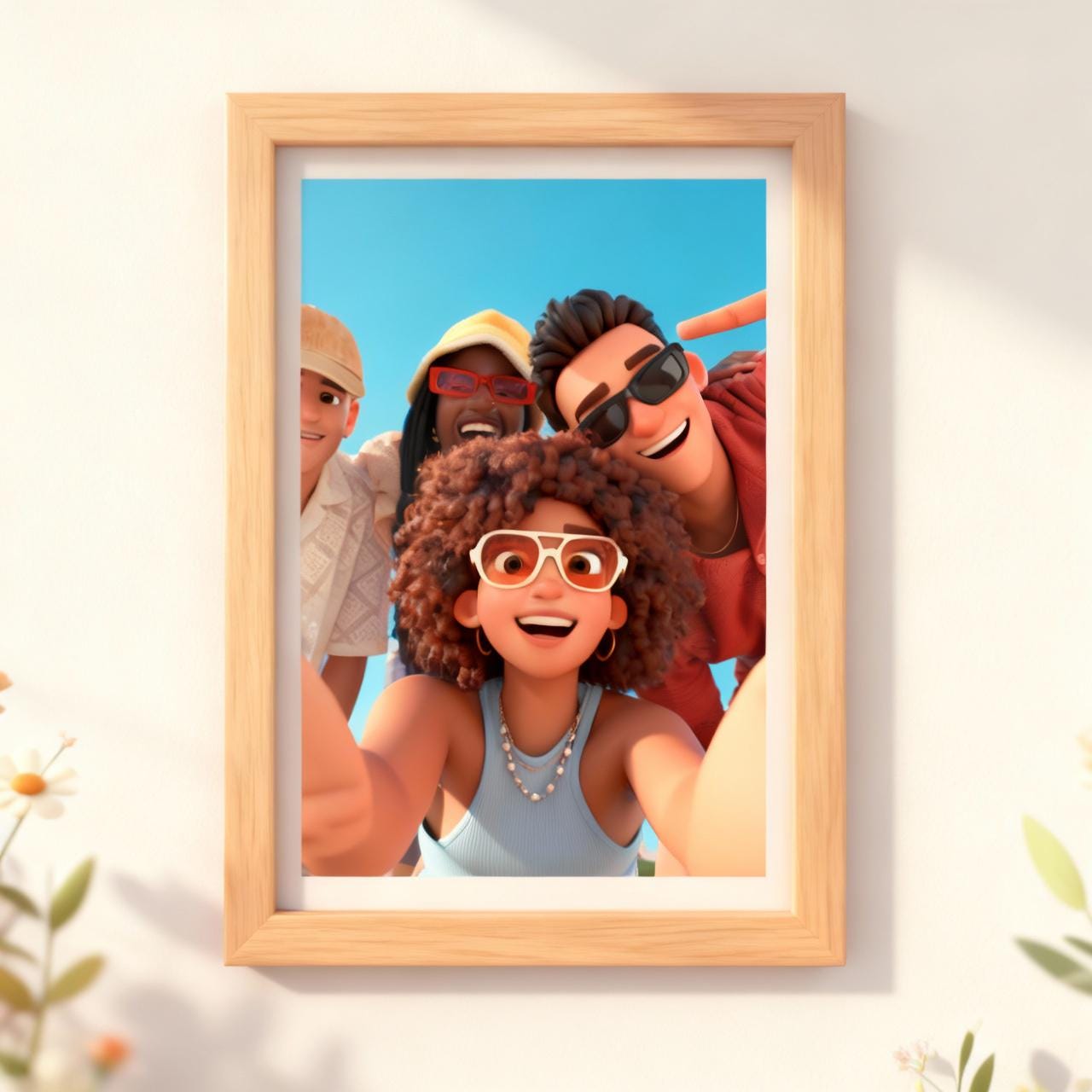 Framed artwork of four animated characters on a wall with a light background