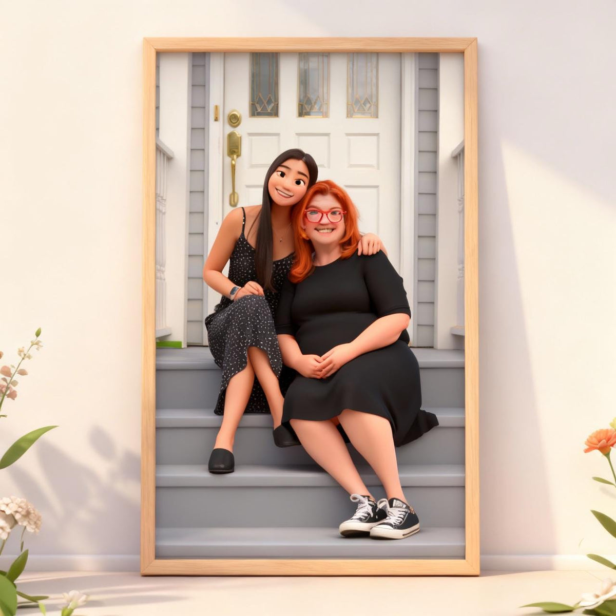Framed artwork of two people sitting on steps with a cartoon character, set against a white door background.