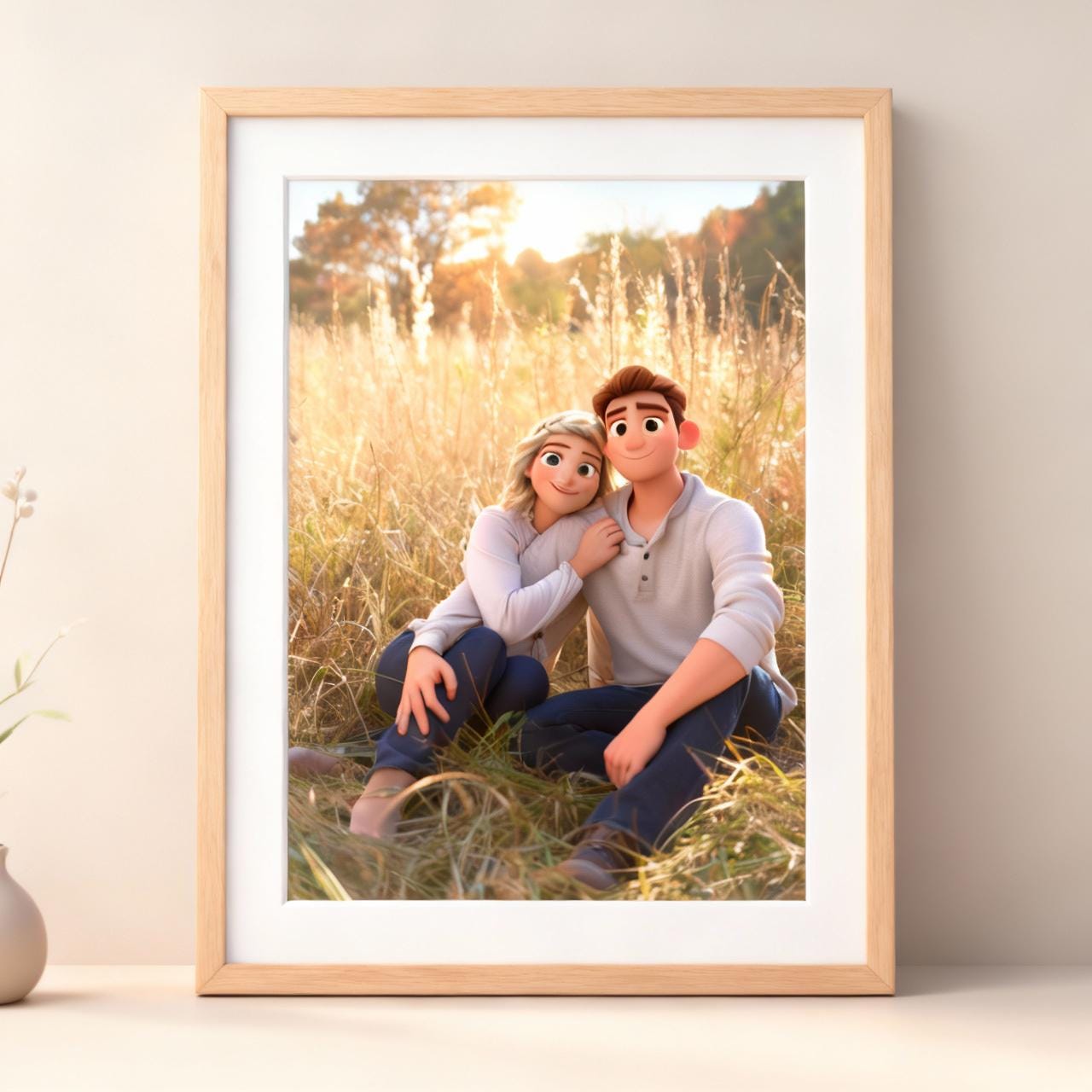 Framed artwork of two animated characters sitting in a field with a warm glow.