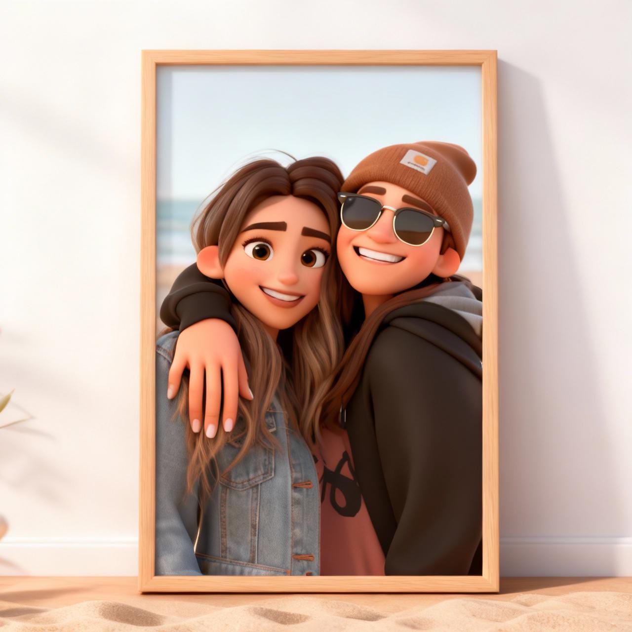 Framed illustration of two people embracing on a beach