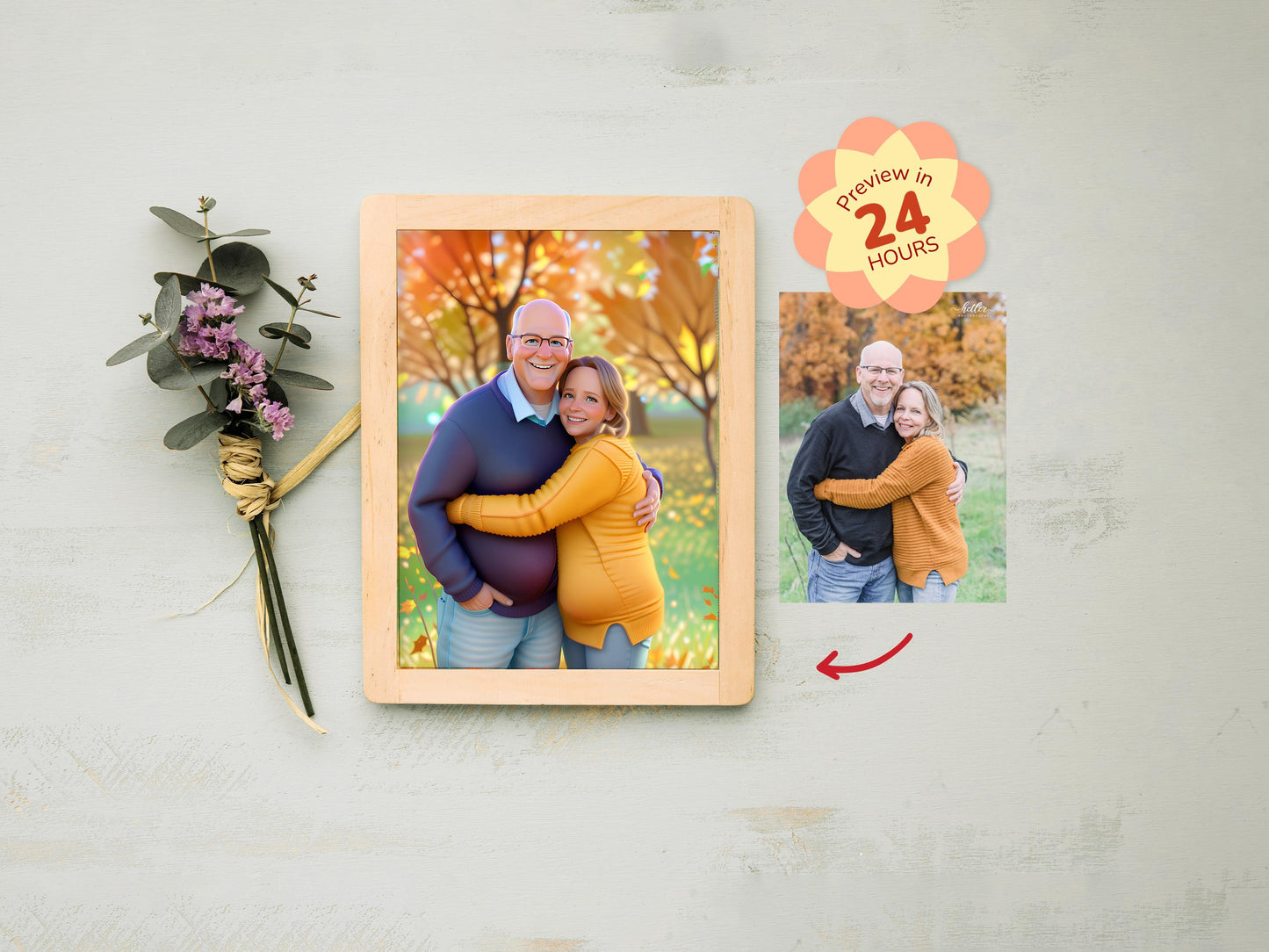Wooden photo frame with a couple in an autumn setting, next to a smaller inset photo and decorative elements.