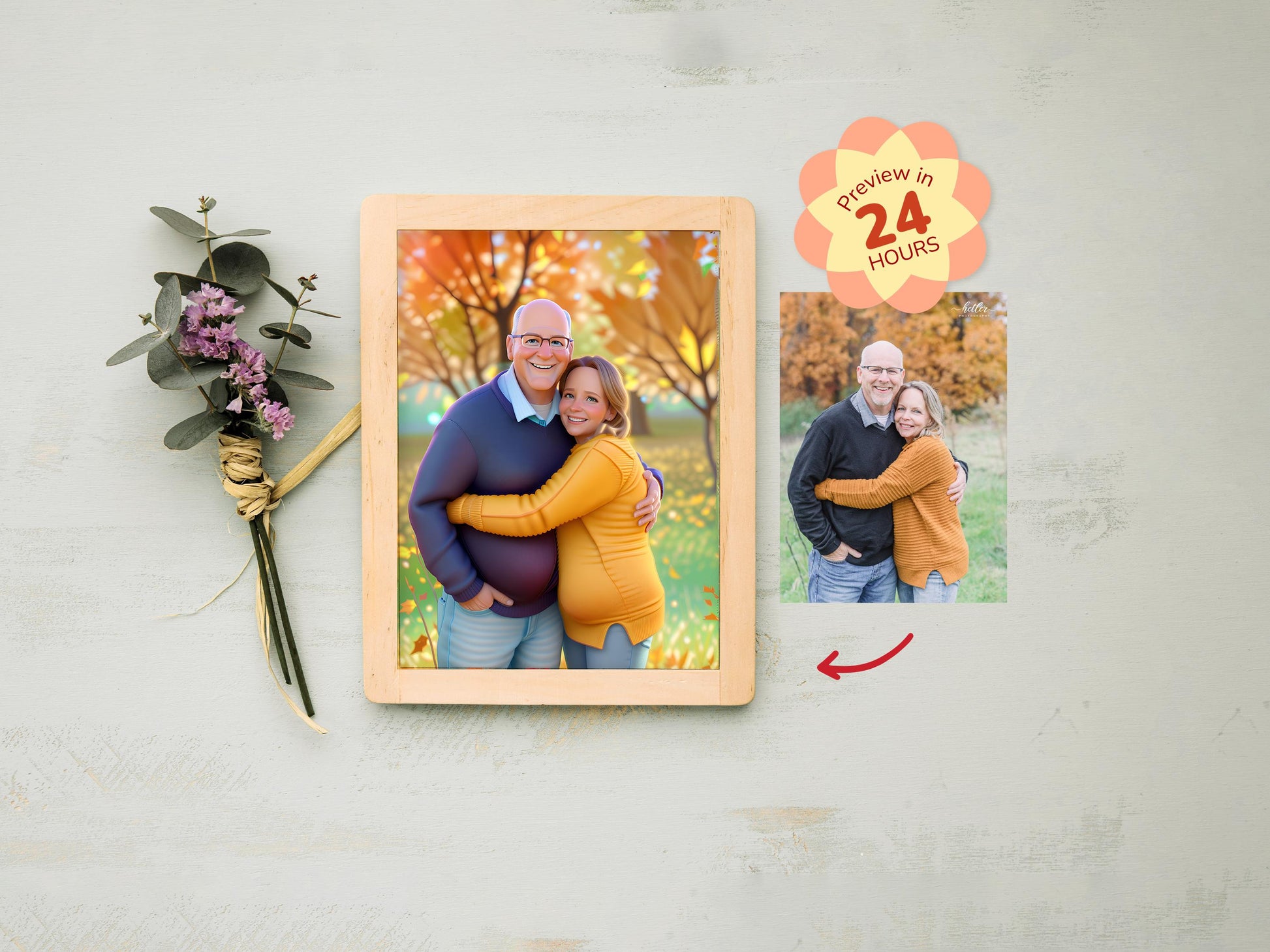 Wooden photo frame with a couple in an autumn setting, next to a smaller inset photo and decorative elements.