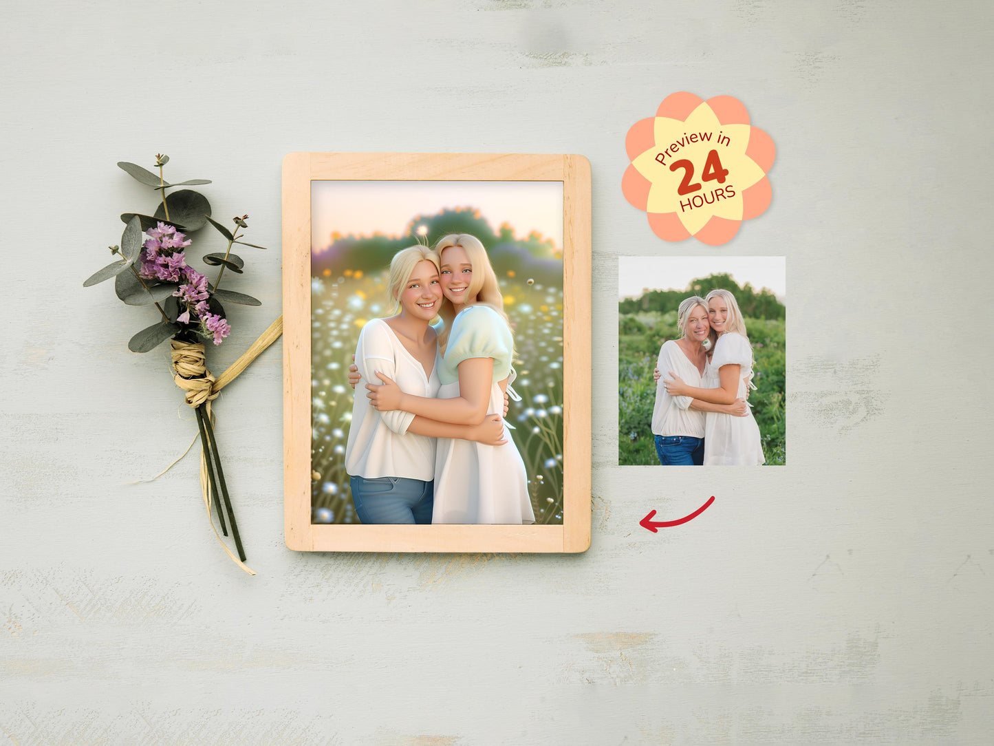 Wooden photo frame with a picture of two women hugging, next to a plant on a light gray background.