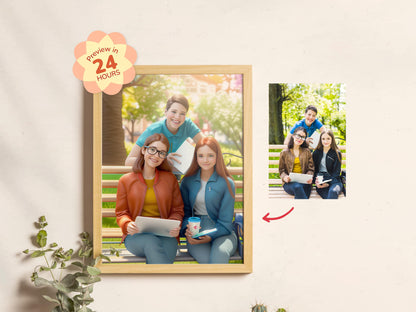 Framed photo of a family sitting on a bench with a 'Preview in 24 Hours' badge.