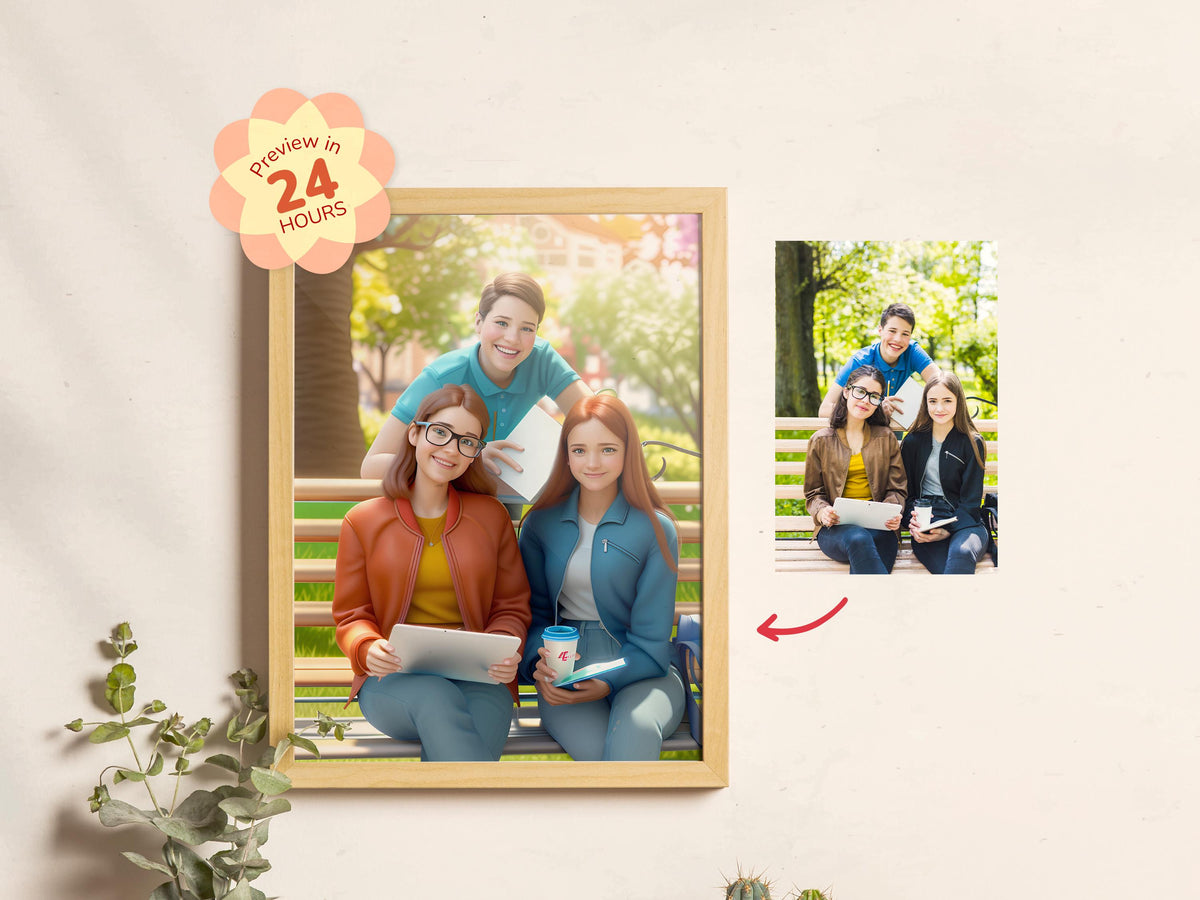 Framed photo of a family sitting on a bench with a 'Preview in 24 Hours' badge.