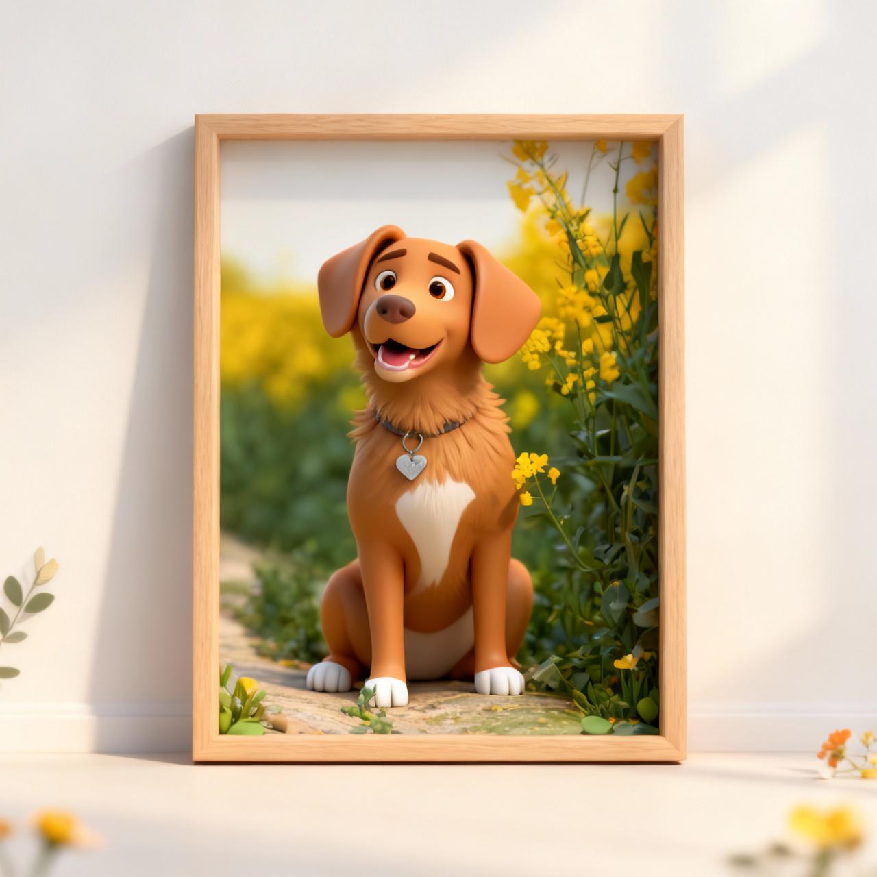 Framed artwork of a cartoon dog with a heart-shaped tag in a natural setting.