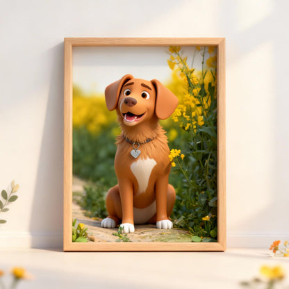 Framed artwork of a cartoon dog with a heart-shaped tag in a natural setting.