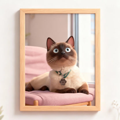 Framed picture of a Siamese cat sitting on a pink cushion.