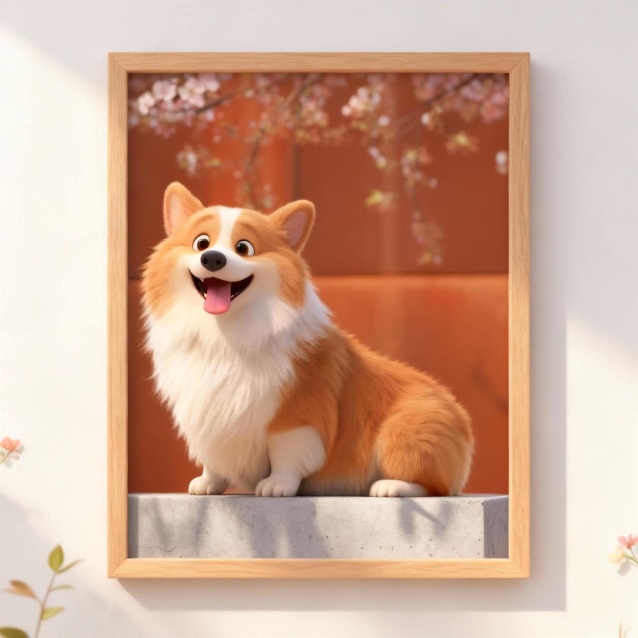 Framed artwork of a corgi dog with a cherry blossom background