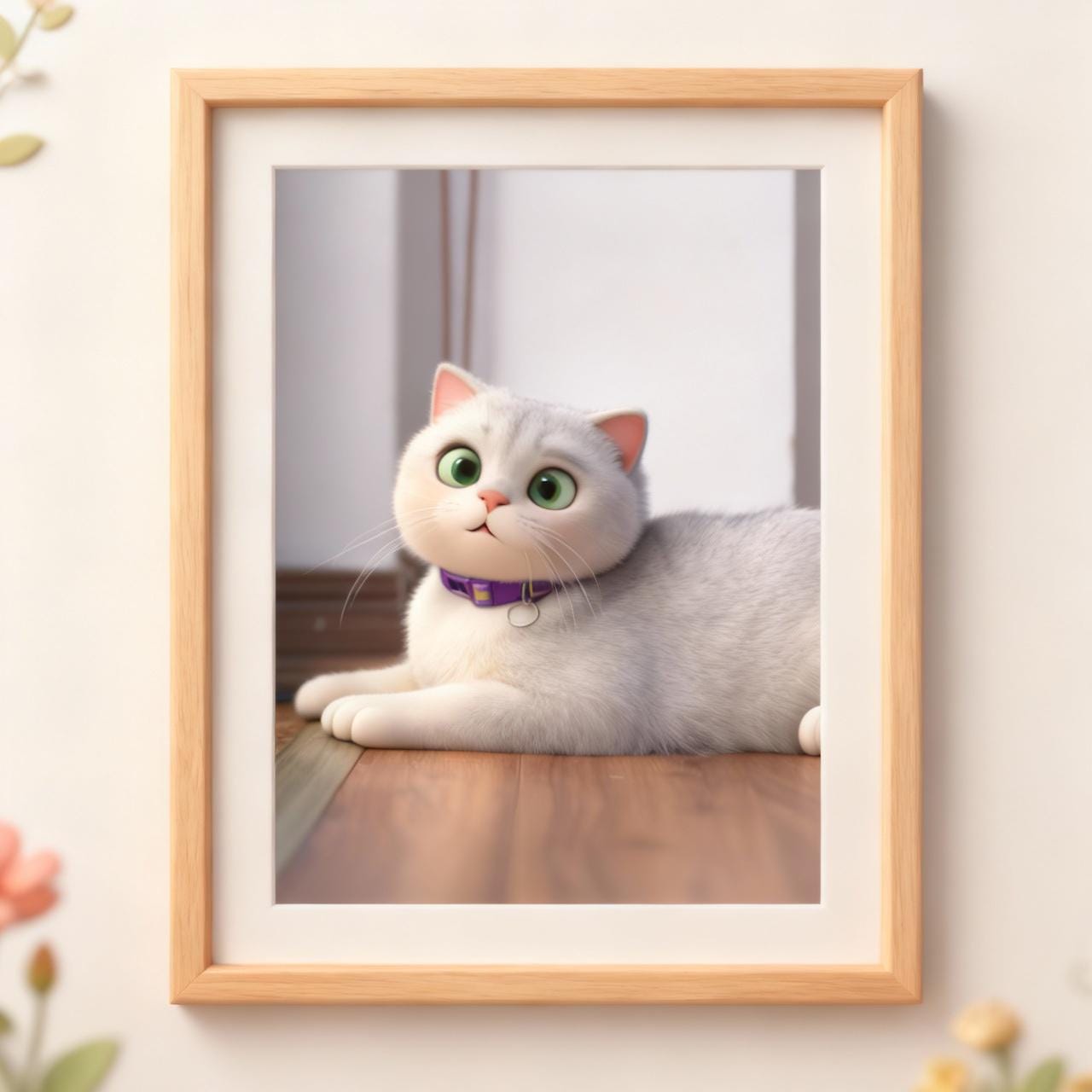 Framed picture of a white cat with green eyes on a light-colored wall.