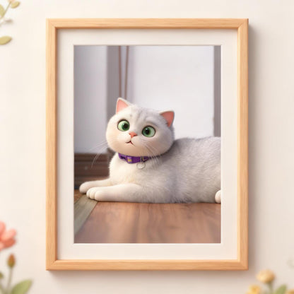 Framed picture of a white cat with green eyes on a light-colored wall.