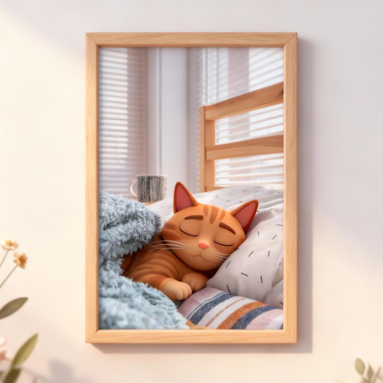 Framed artwork of a cat sleeping on a pillow with a wooden frame.