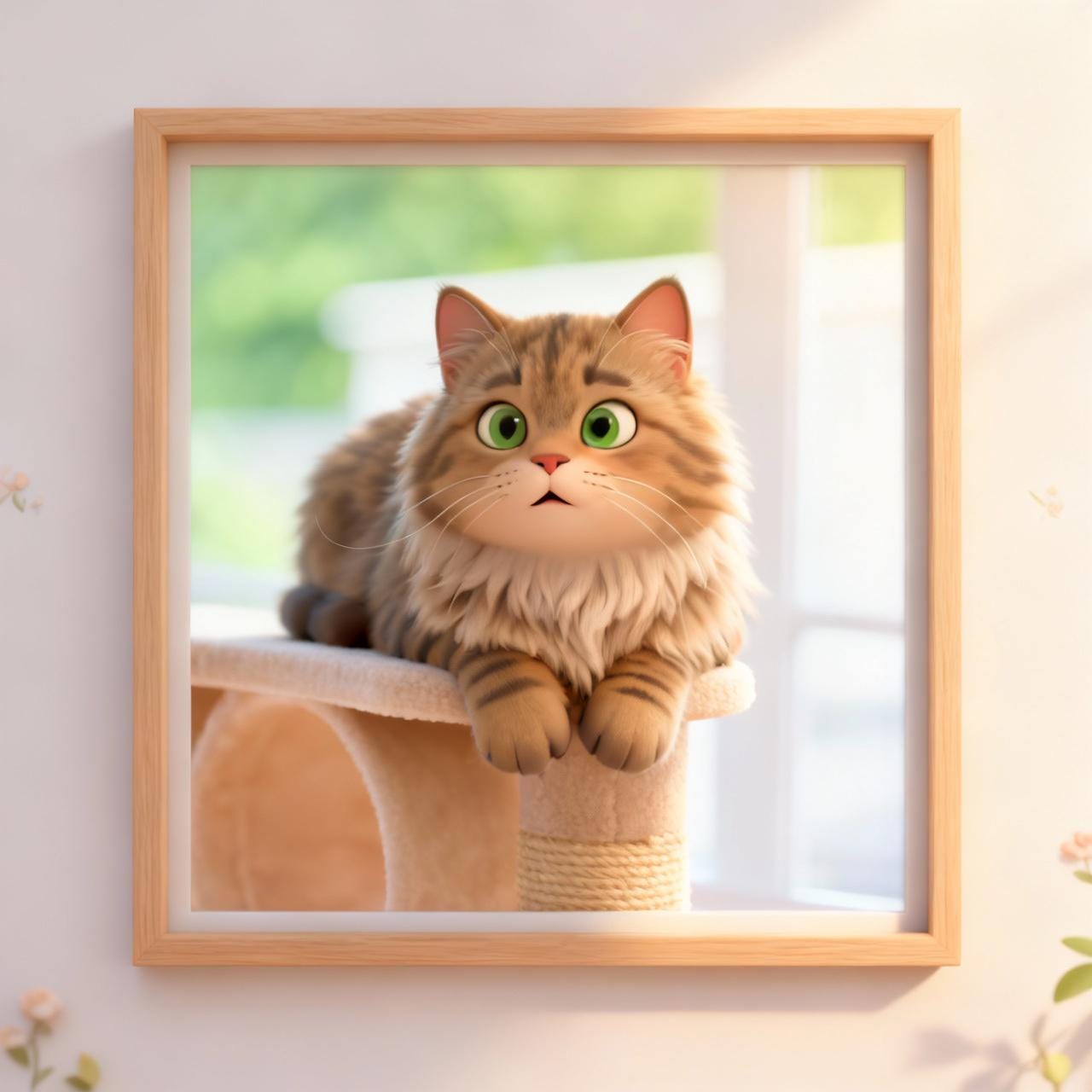 Framed picture of a fluffy cat on a scratching post with a blurred background