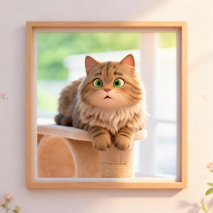 Framed picture of a fluffy cat on a scratching post with a blurred background