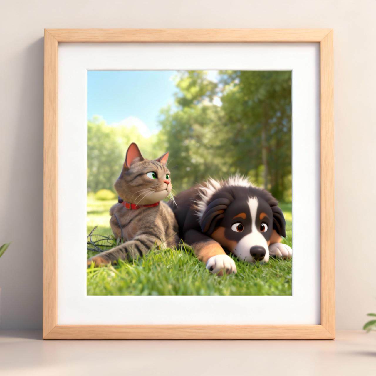 Framed artwork of a cat and dog lying on grass with trees in the background