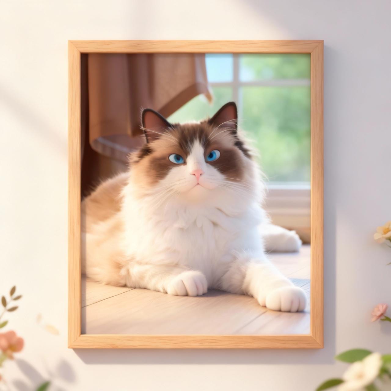Framed picture of a fluffy cat with blue eyes on a light-colored wall.