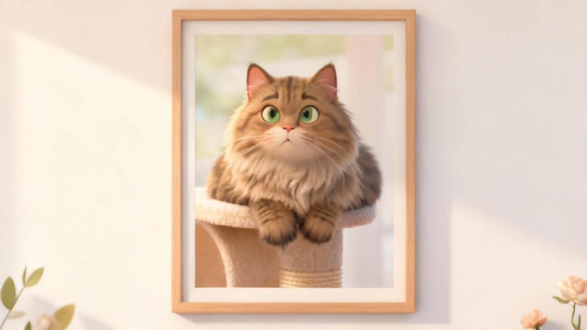 Framed artwork of a fluffy cat on a white wall with decorative elements.