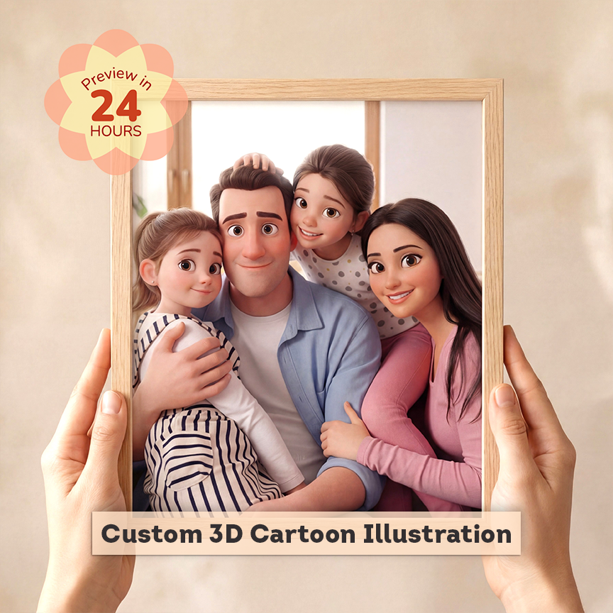 Custom 3D cartoon illustration of a family in a wooden frame held by hands.