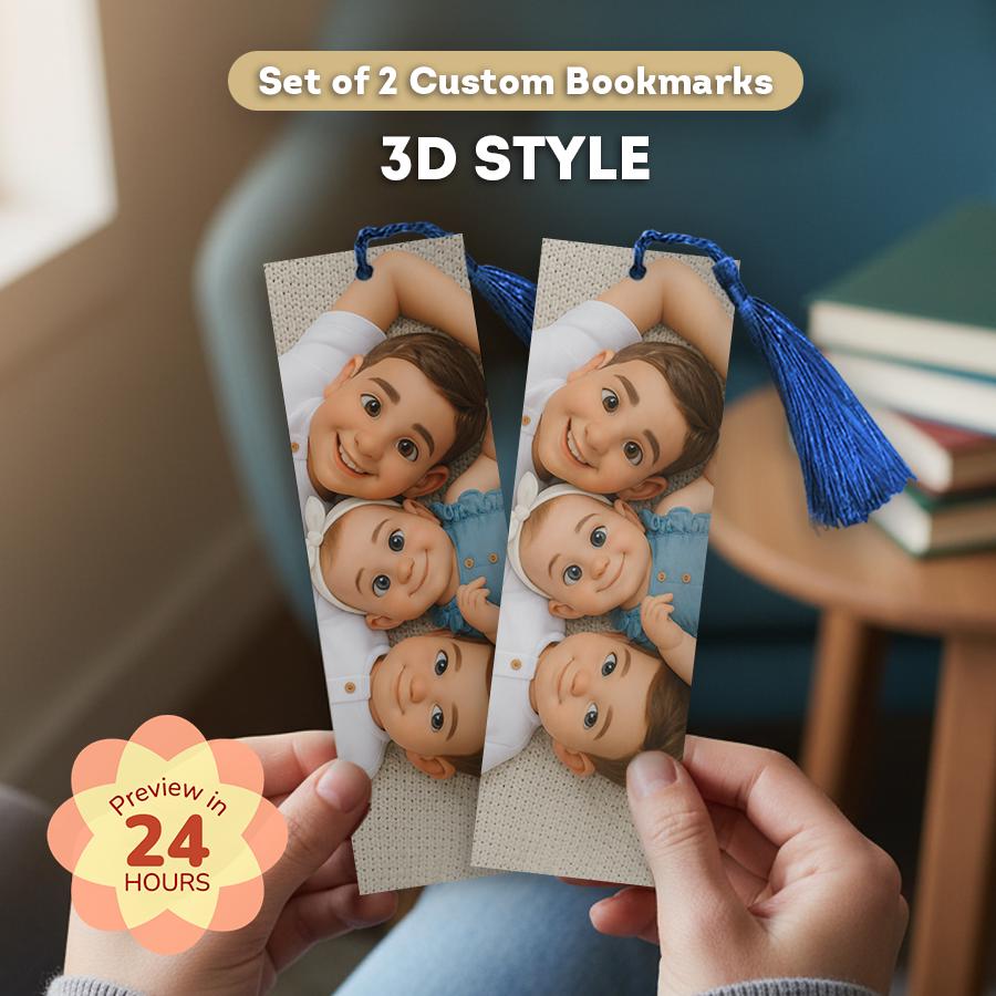 Set of 2 custom bookmarks with 3D style, held by hands with a blurred background.