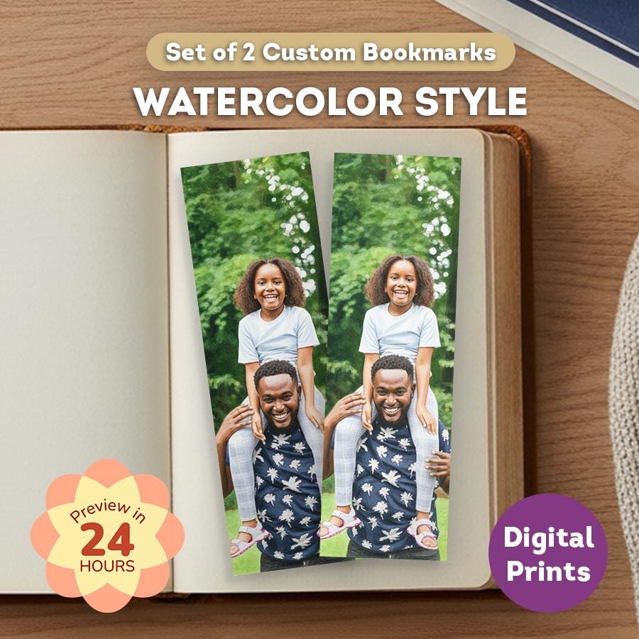 Set of 2 custom bookmarks with a family photo in watercolor style on an open book.
