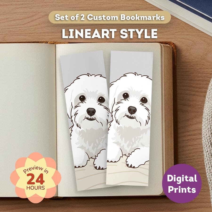 Set of 2 custom bookmarks with lineart style dog illustrations on an open book.