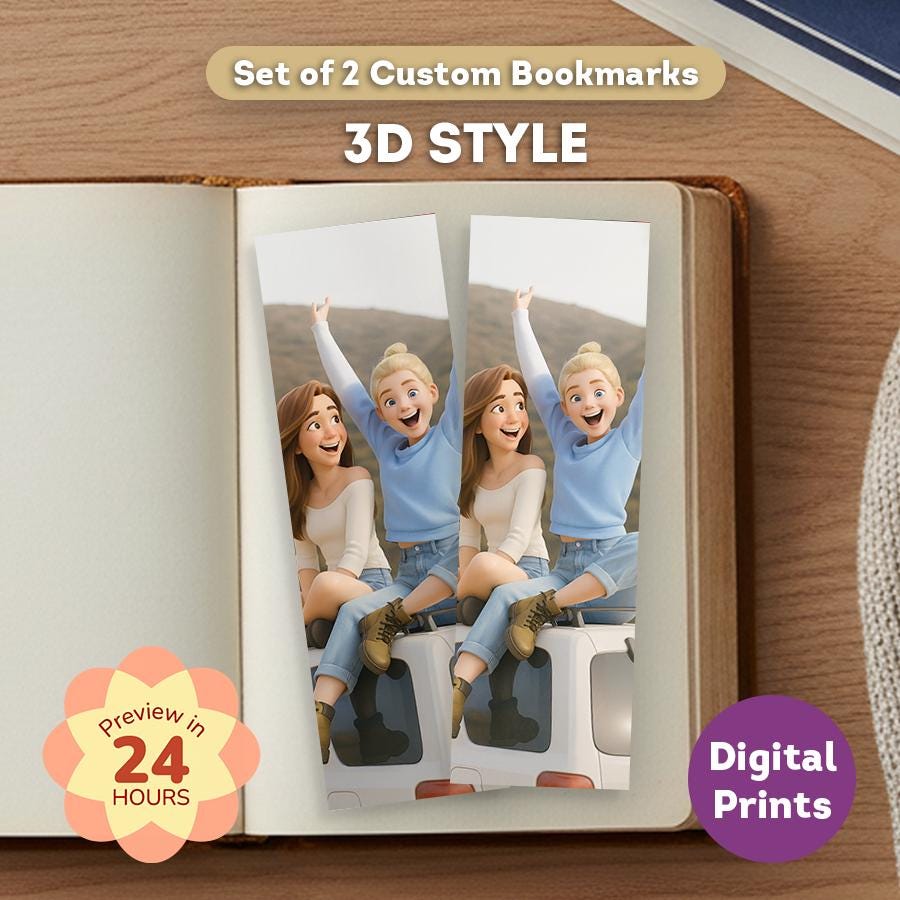 Set of 2 custom bookmarks with 3D style on an open book, featuring digital prints.