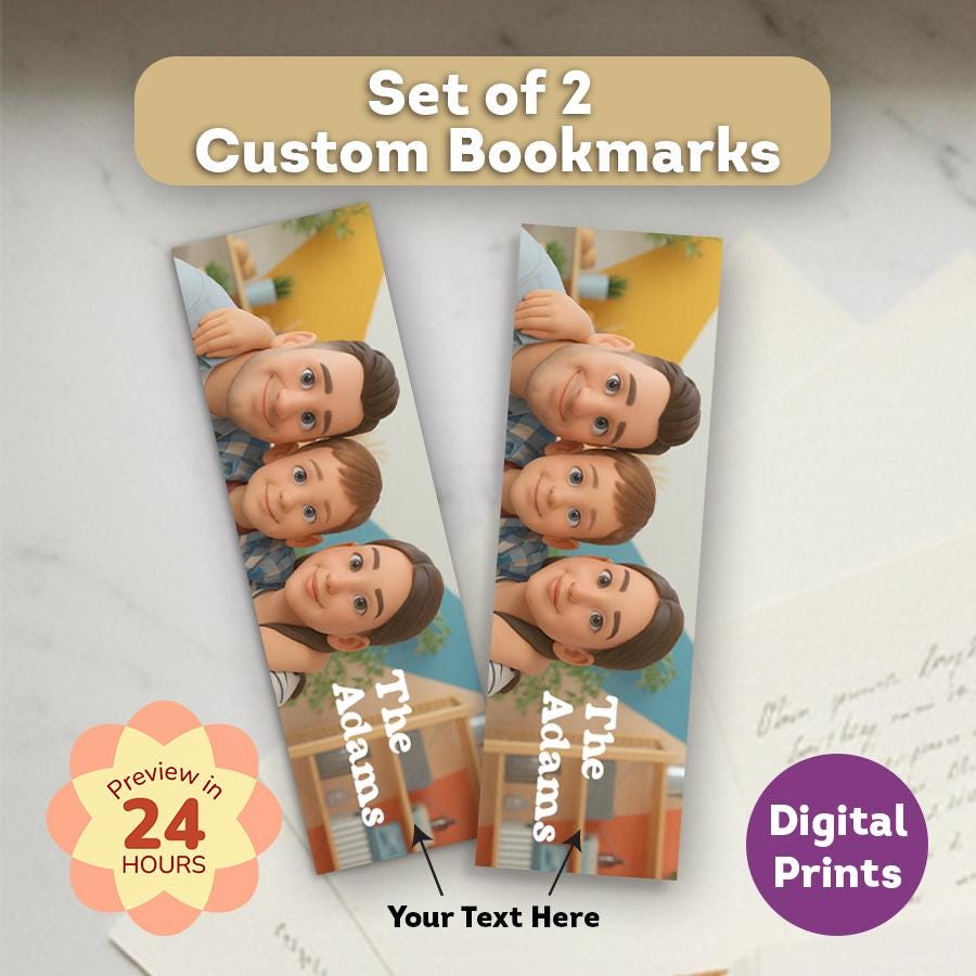 Set of 2 custom bookmarks with a printed design and text space on a marble surface.