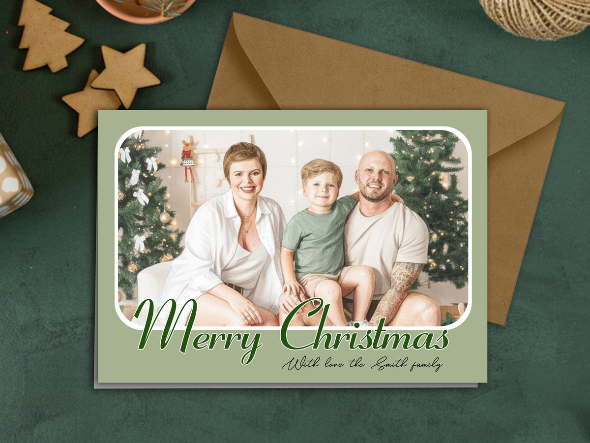 Christmas card with a family photo and 'Merry Christmas' text on a green background.
