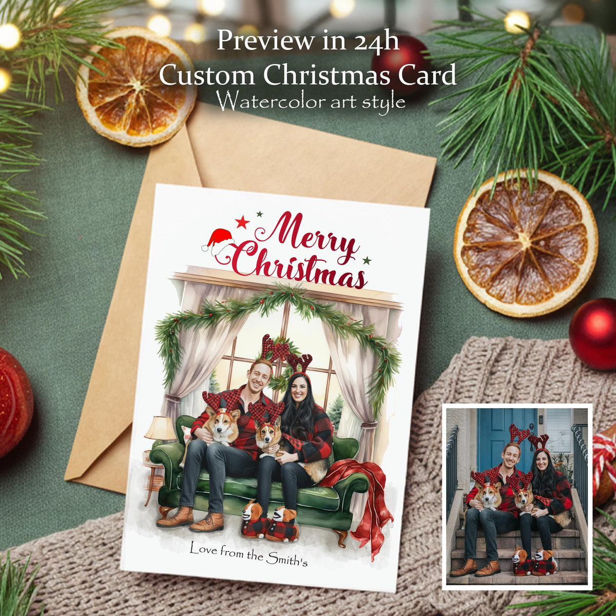 Custom Christmas card with a couple and dogs on a couch, surrounded by festive decorations.