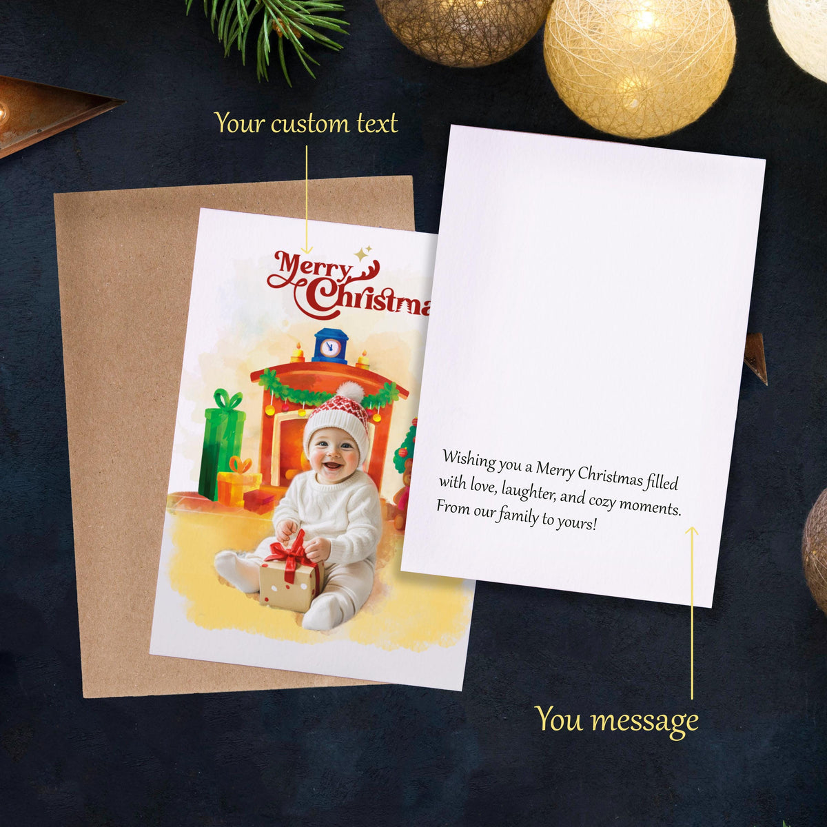 Christmas card with a child holding a gift, surrounded by festive decorations on a dark background.
