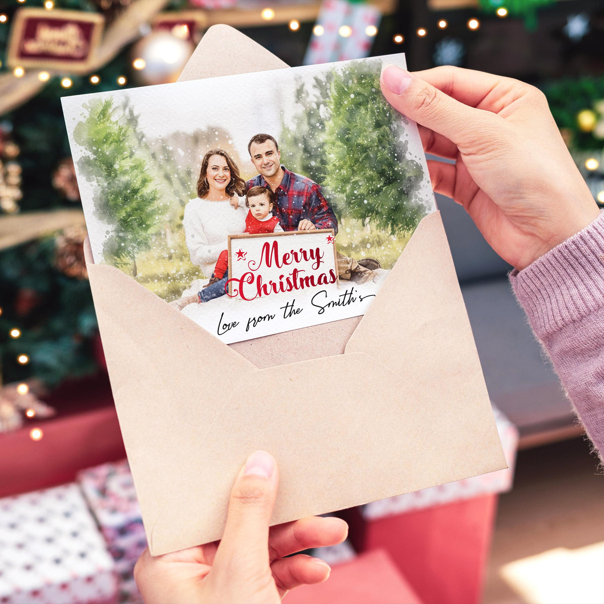 Person holding a Christmas card with a family photo and 'Merry Christmas' message, with a festive background.