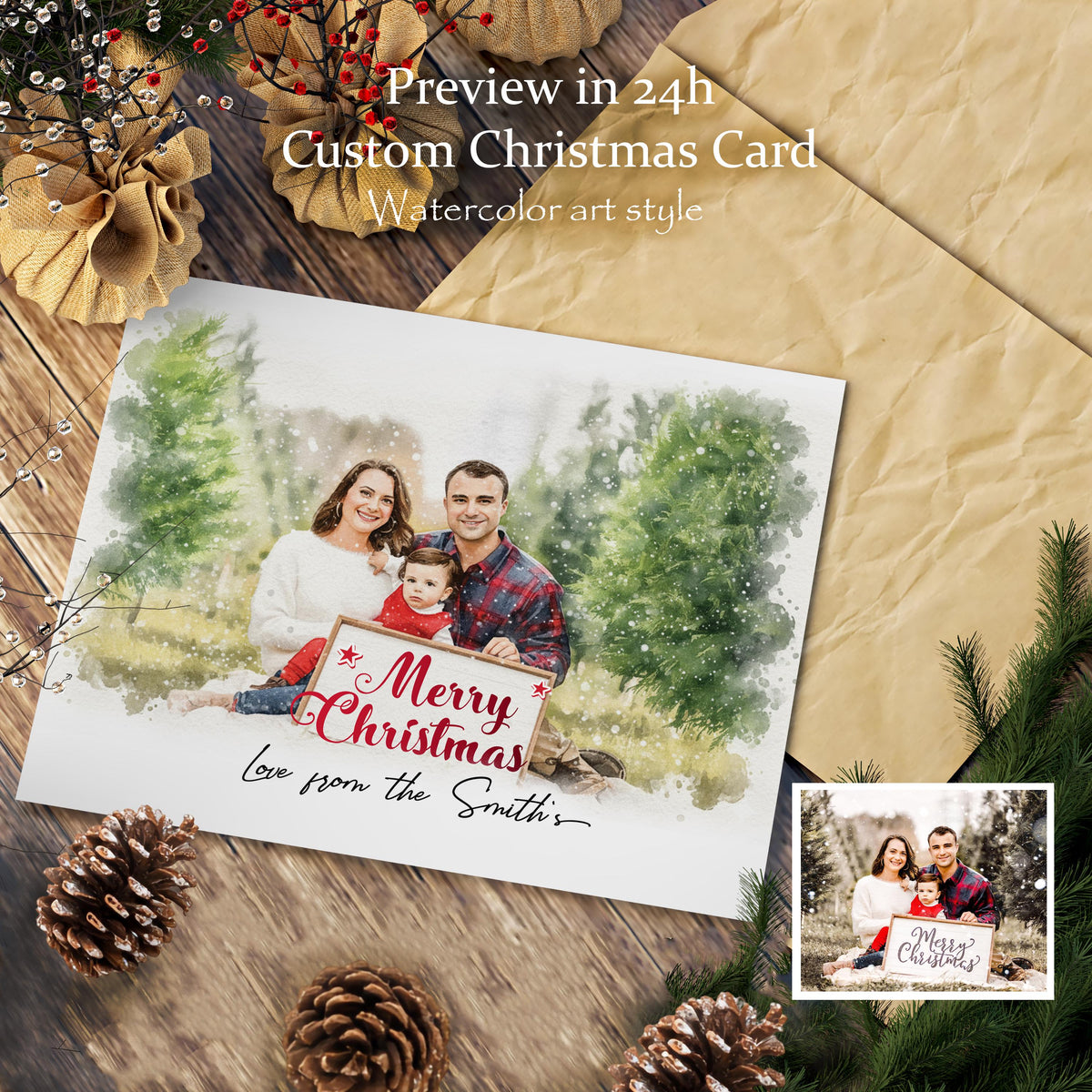 Christmas card with family photo and 'Merry Christmas' sign on a wooden surface with pine cones and an envelope.