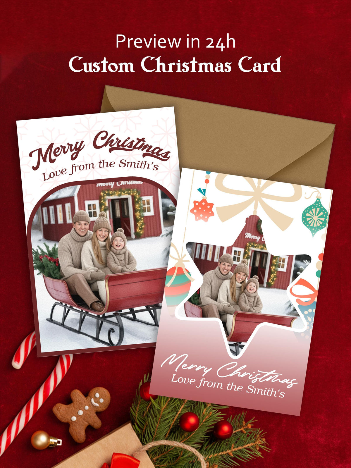 Custom Christmas card with family photo, envelope, and festive decorations on a red background.