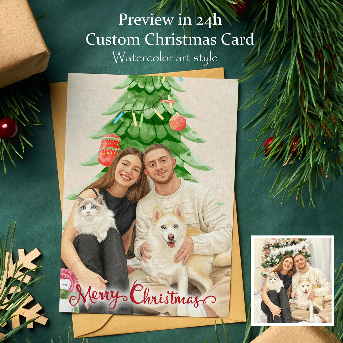 Custom Christmas card with a couple and pets, surrounded by festive decorations.