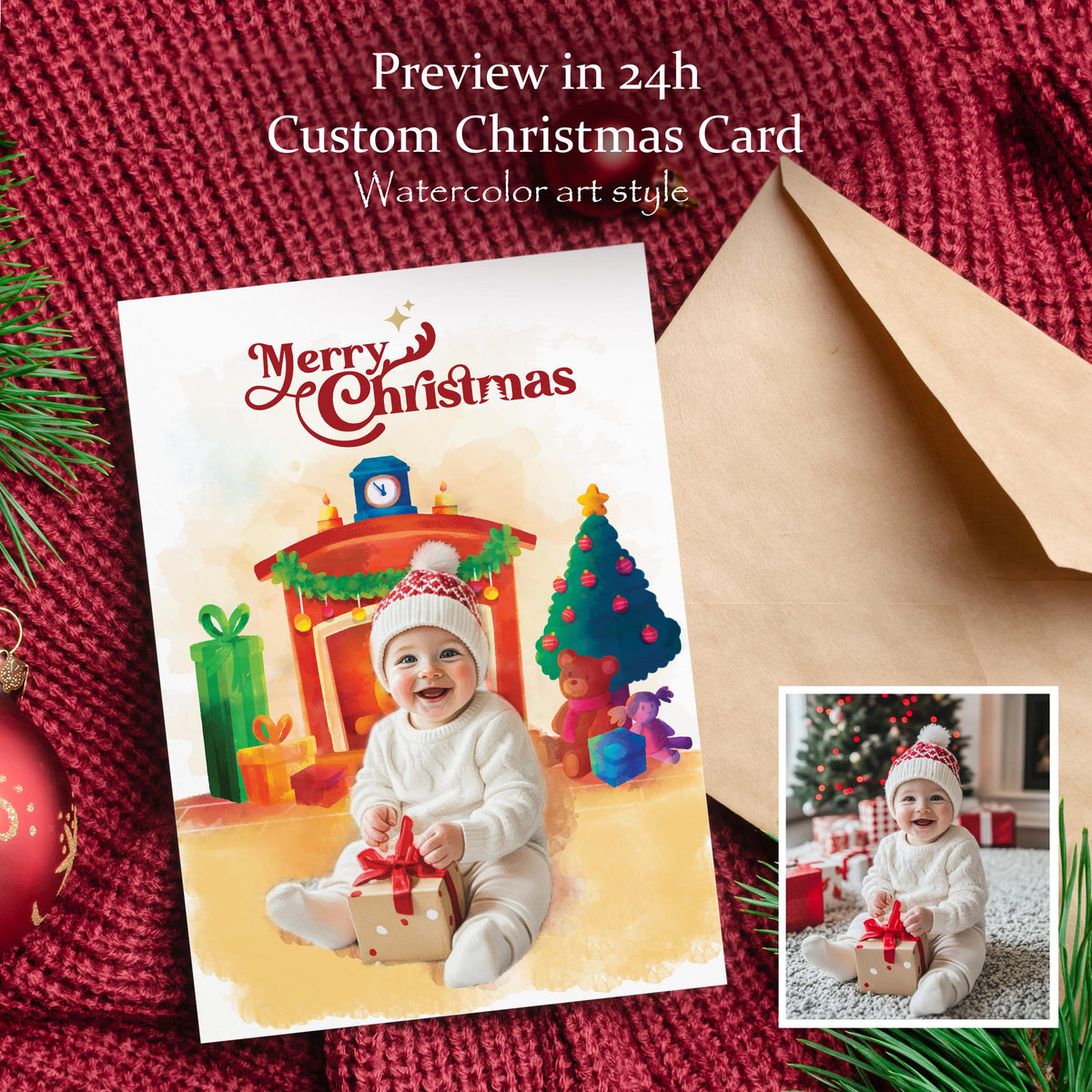 Christmas card with a child holding a gift, surrounded by festive decorations on a red textured background.
