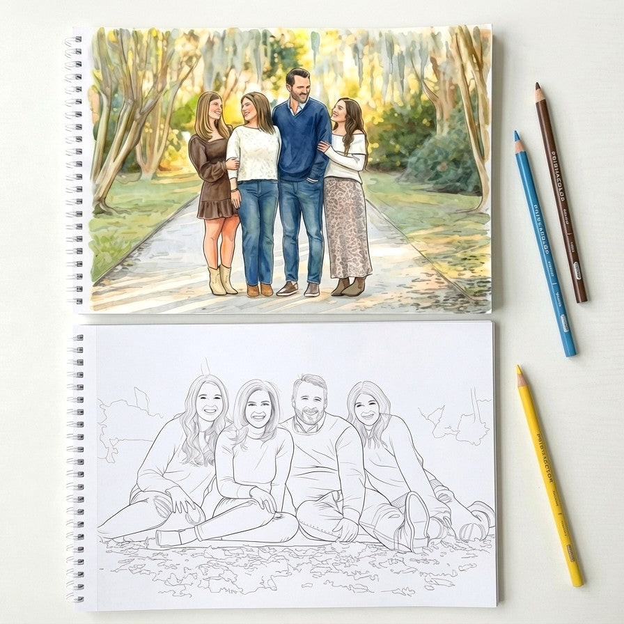 Coloring book with a family illustration and colored pencils on a white background