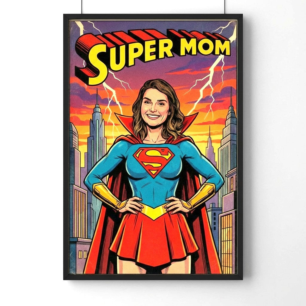 Poster of a woman in a superhero costume with 'Super Mom' text against a cityscape background.