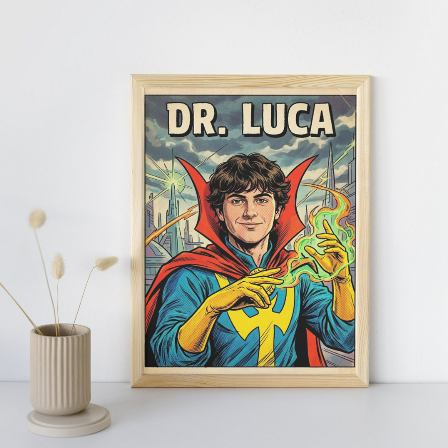 Framed poster of a superhero character named 'Dr. Luca' on a white wall.