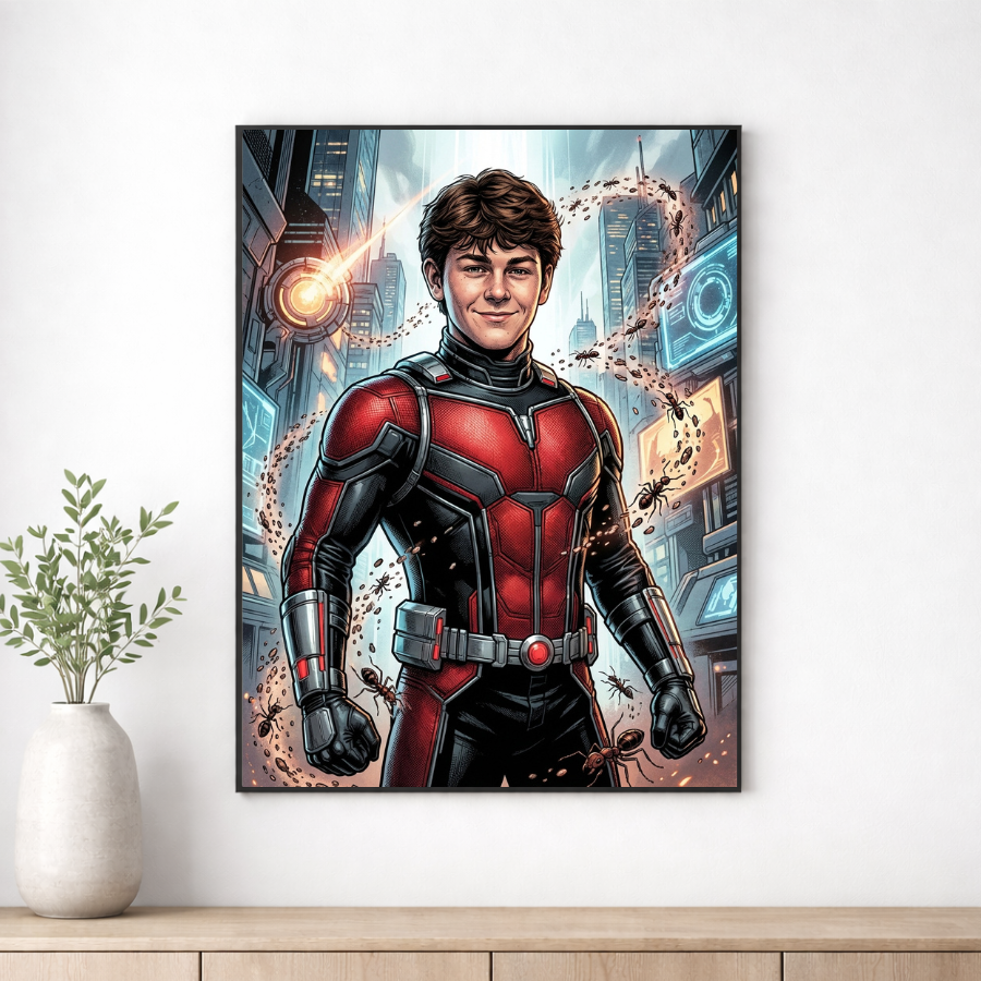 Poster of a superhero in a red and black suit on a wall with a plant and wooden shelf.