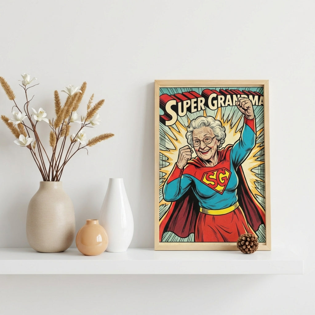 Framed superhero-themed artwork of a woman labeled 'Super Grammy' on a shelf with decorative vases.