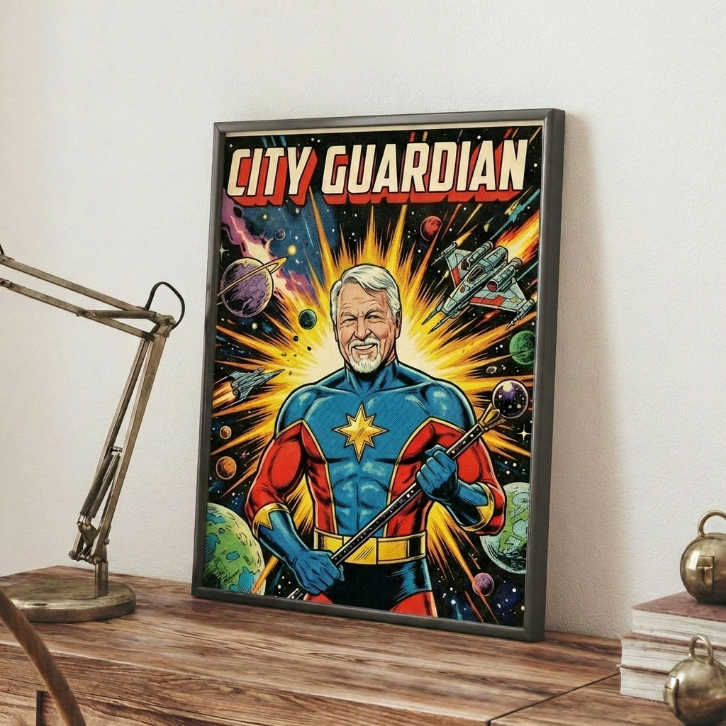 Framed poster of a superhero character titled 'City Guardian' on a desk.