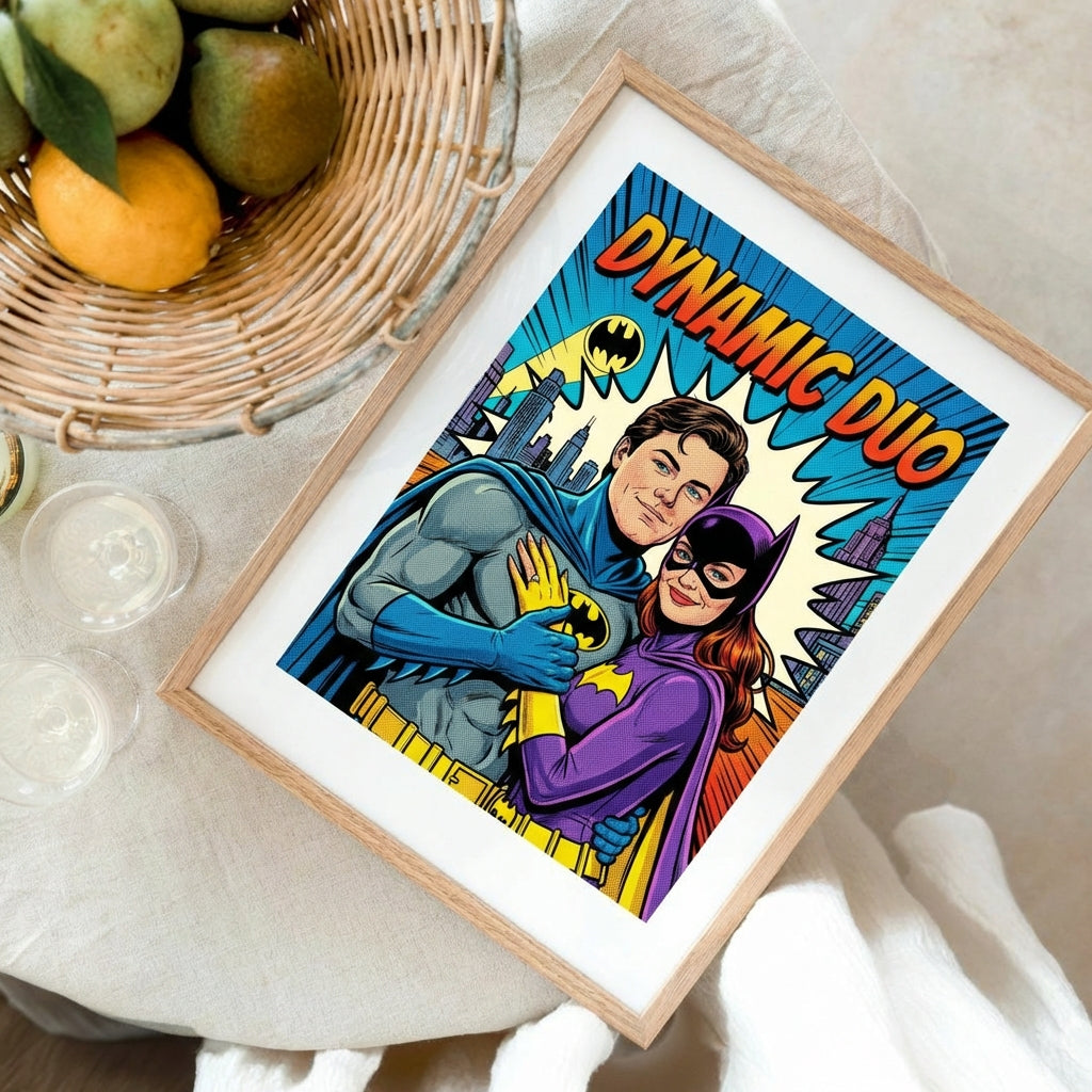 Framed artwork of a superhero couple with 'Dynamic Duo' text on a table.