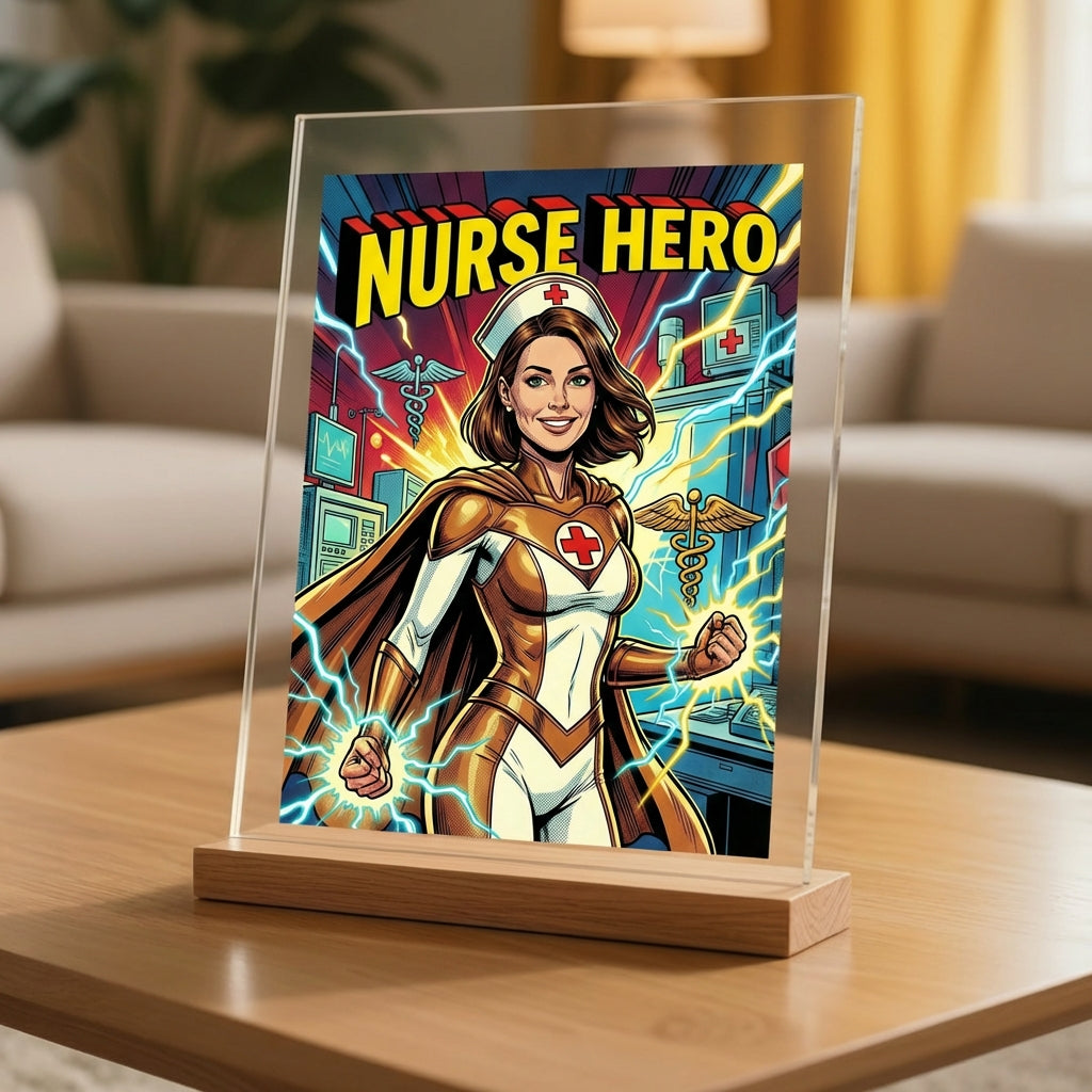 Plaque with 'Nurse Hero' design on a wooden stand in a living room setting