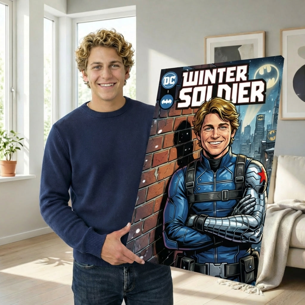Man holding a 'Winter Soldier' comic book cover in a room with a couch and windows.